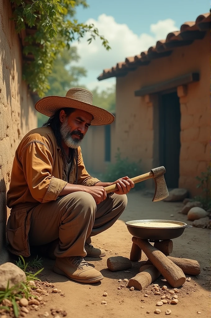 It recreates in a realistic way and with Latin characteristics what is described in the following stanza::
A peasant squatting down sharpening his axe, He smiles at the girl who is making tortillas on a stove