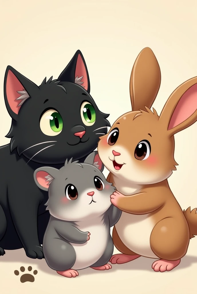 An animated image of a black cat with green eyes, a gray Russian hamster and a brown rabbit with long ears all together so you can see their faces close up and their paw print
