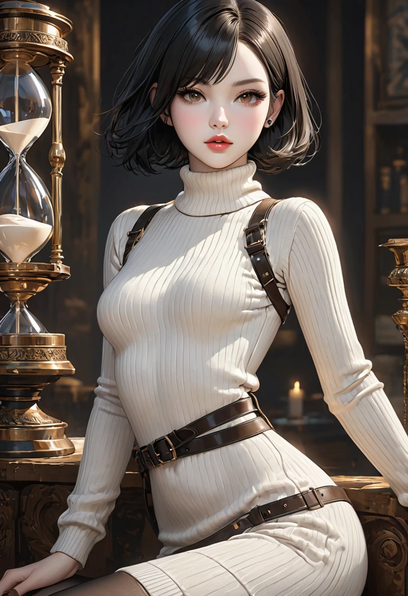 ((best quality)), ((artwork)), ((extremely detailed face)), ((perfect lighting)), ((extremely detailed CG)), ((perfect hands, perfect anatomy)) [Appearance= 20 y.o; 5'8” tall; short, straight, black bob hair; brown eyes, pale skin, plump lips, slightly muscular, diamond face, hourglass body, dark painted nails
Personality= ISTP, femme fatale
Reputation= great professional
Occupation= assassin
Clothing= Clothing= sweater dress, turtleneck, ribbed sweater, thigh high boots, tights, harness]