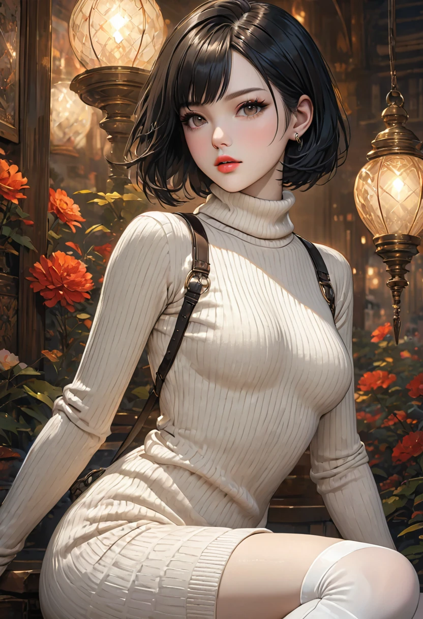 ((best quality)), ((artwork)), ((extremely detailed face)), ((perfect lighting)), ((extremely detailed CG)), ((perfect hands, perfect anatomy)) [Appearance= 20 y.o; 5'8” tall; short, straight, black bob hair; brown eyes, pale skin, plump lips, slightly muscular, diamond face, hourglass body, dark painted nails
Personality= ISTP, femme fatale
Reputation= great professional
Occupation= assassin
Clothing= Clothing= sweater dress, turtleneck, ribbed sweater, thigh high boots, tights, harness]