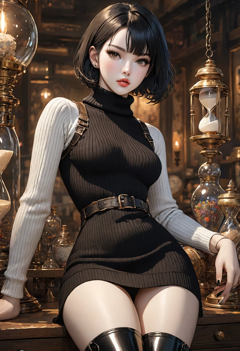 ((best quality)), ((artwork)), ((extremely detailed face)), ((perfect lighting)), ((extremely detailed CG)), ((perfect hands, perfect anatomy)) [Appearance= 20 y.o; 5'8” tall; short, straight, black bob hair; brown eyes, pale skin, plump lips, slightly muscular, diamond face, hourglass body, dark painted nails
Personality= ISTP, femme fatale
Reputation= great professional
Occupation= assassin
Clothing= Clothing= sweater dress, turtleneck, ribbed sweater, thigh high boots, tights, harness]