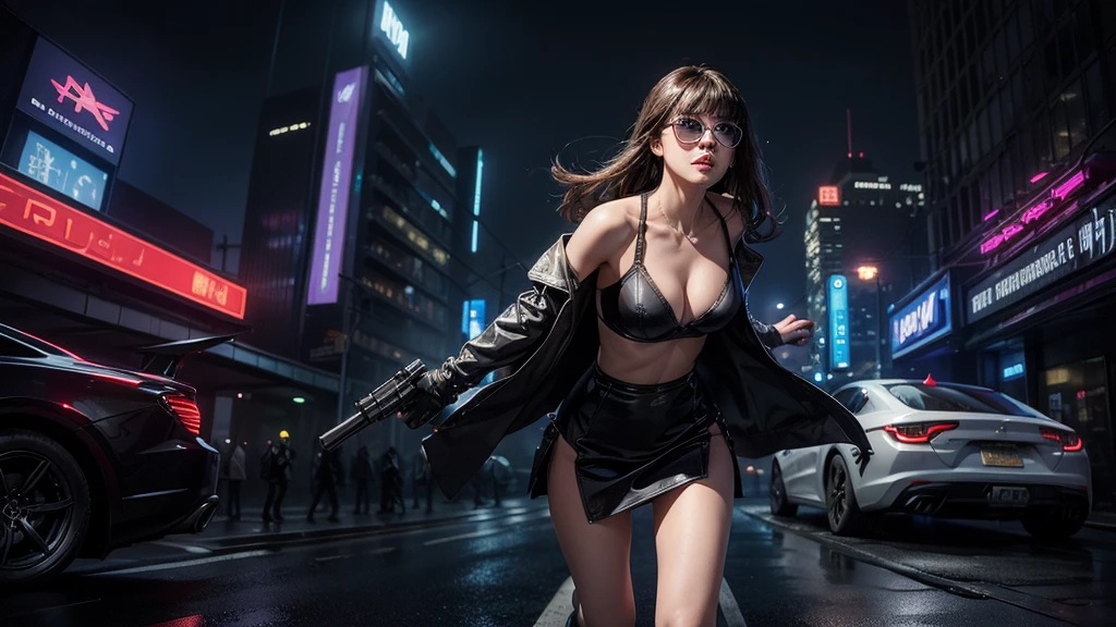 Blade Runner style futuristic city, simple outlined neon buildings, cars, lightning, 3d rendering Beeple. At night, (1girl, solo, alone), photorealistic, medium-breast slim:0.6 body, oval:0.5 face, cleavage:1.1, sexy black laced bra, deep-V, (low angle view of miniskirt), white laced panty, coat, (Matrix style black micro sunglasses), ((holding a short gun)), (slightly leaning forward running pose), (half-body thigh level close-up shot), cinematic lighting, ray tracing.