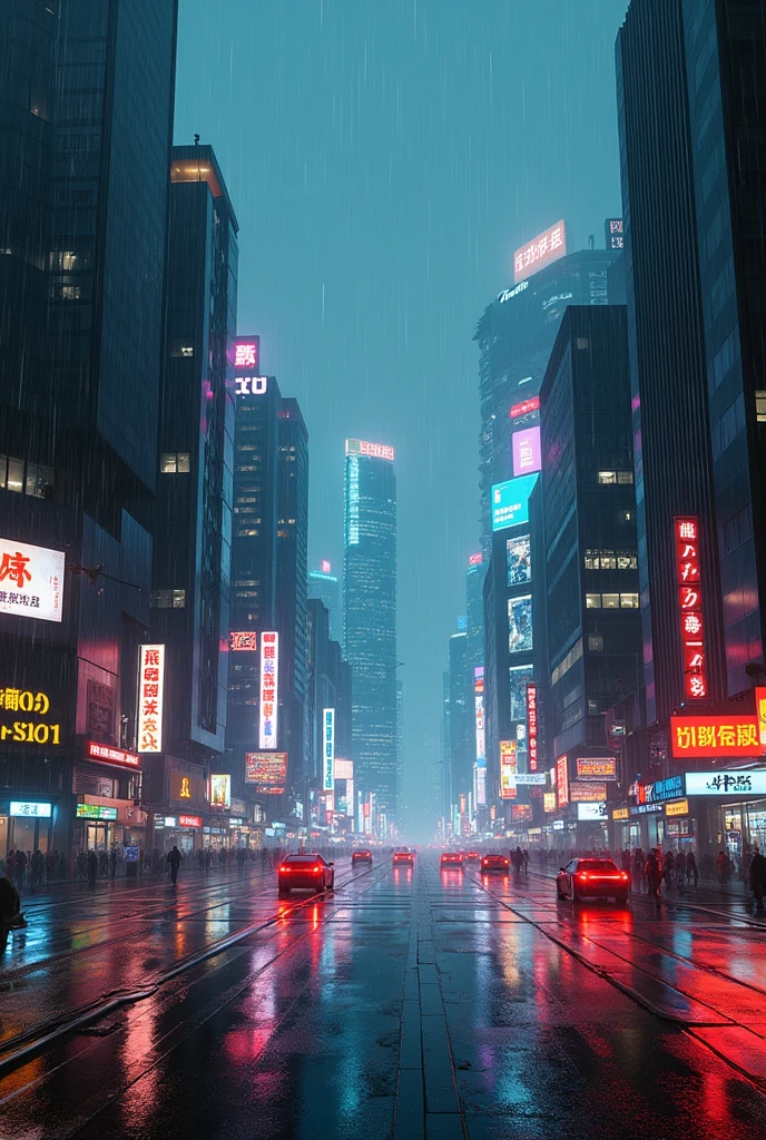 Photographic grade,Movie quality,Game CG wallpaper,A Hong Kong Cyber City in the Rain,Street Intersection,No text appears