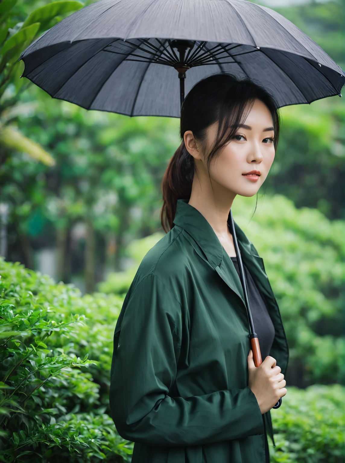 Woman with umbrella,Asian,Real People,Realistic photos。The background is minimalist,outdoor,Green plants,Depth of Field