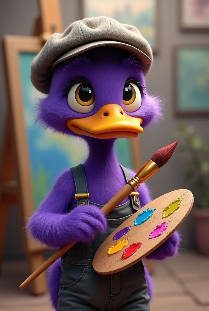 Male purple duck, professional painter, young middle aged, of Anatomy attached with adorable yellow eyes, with his palette of colors and a large brush and French cap