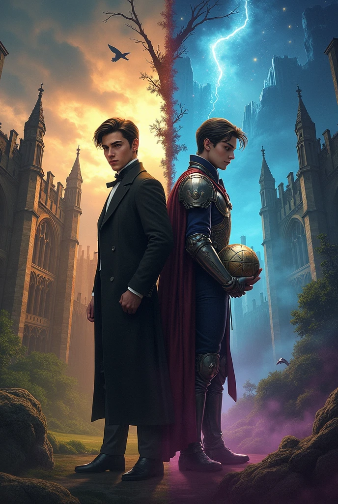 A split scene cover. On the left side, depict late 19th-century Great Britain, with an overcast sky above Cambridge University’s iconic Gothic architecture. A young man, Ethan Rivera, stands prominently in the foreground, dressed in a formal academic suit typical of the era, his expression determined yet contemplative. To his right, the scene transitions into a vibrant, medieval fantasy world, with mystical forests and towering, magical ruins under a sky of swirling colors. Ethan is seen again, now clad in a mix of 19th-century attire and medieval armor, holding a metallic spherical object (an Admin Core) that emits a faint, ethereal glow. Looking toward the difference world The background on this side features strange creatures and an ancient wall, symbolizing the barrier between the two worlds. The title, The Odyssey of 1896, is displayed prominently at the top in a stylized, elegant font that combines elements of Victorian and medieval design.