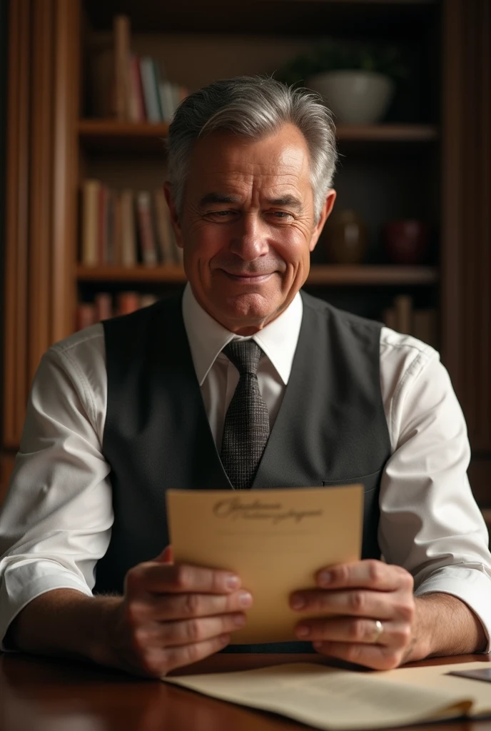 Man with tie reading a letter from his wife staying happy