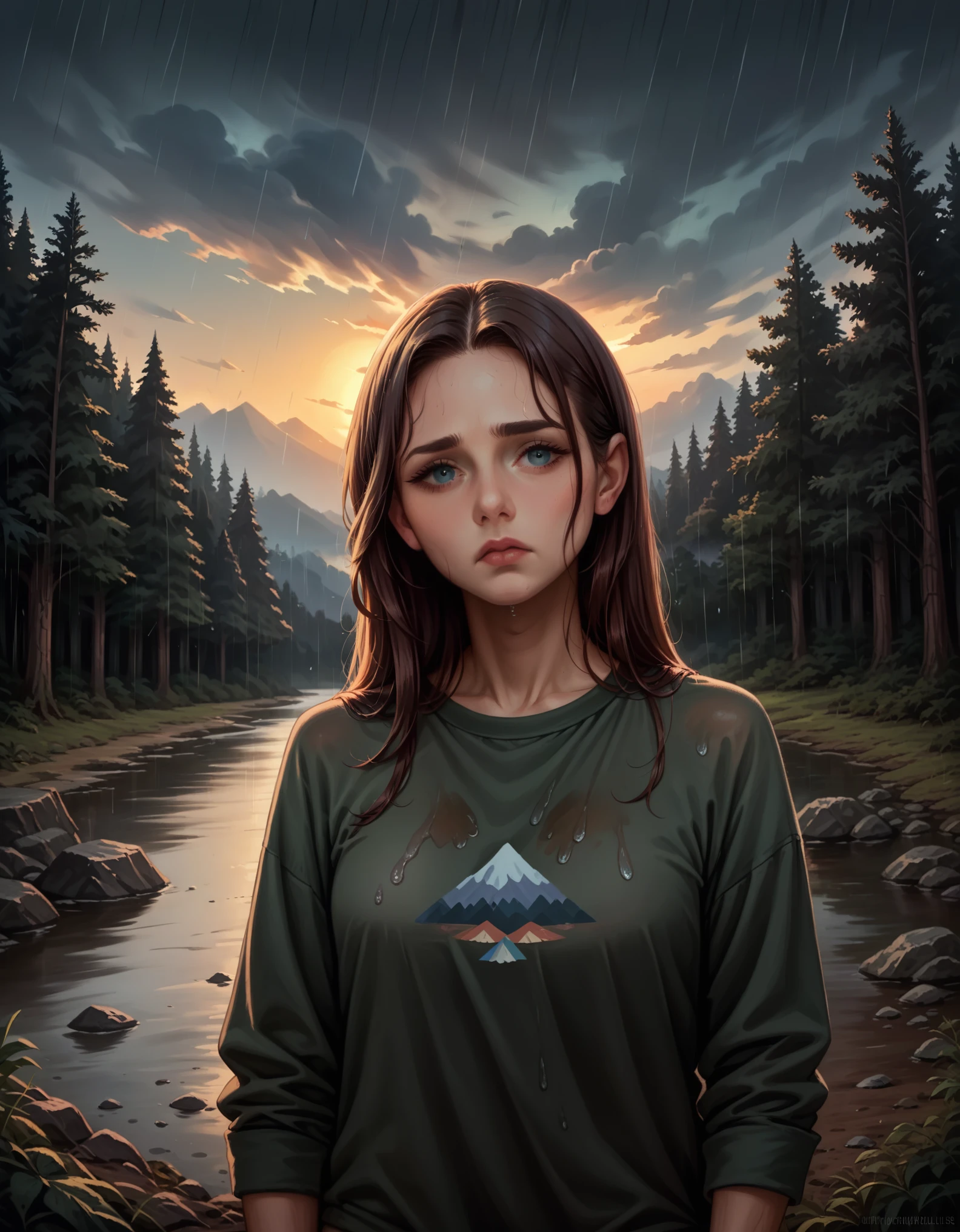 (1 girl) (masterpiece, best quality) ((the cutest camp councilor is sad she wont see you until next year)) , ,  , (stormy dark sky, sunset, raining) (beautiful forest background)
((Melancholy emotions:1.4)), ((realistic oil painting)) art by norman Rockwell,