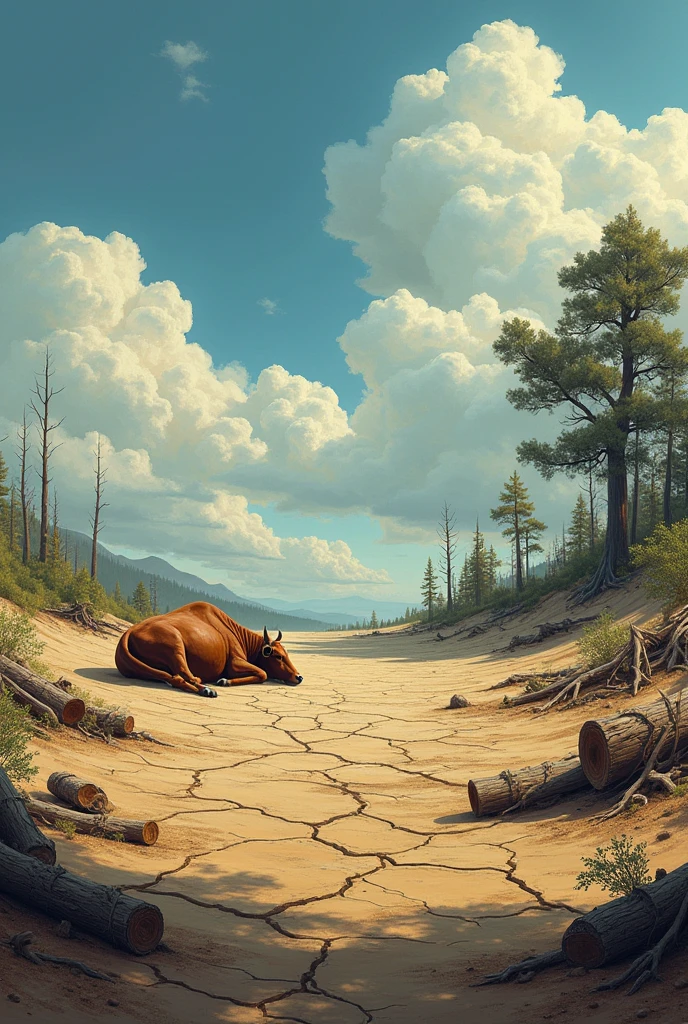 Drought and cracks, littered logs, people cut down trees, dead cow, cumulus clouds