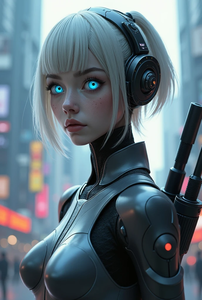 android blue eyes more realistic and more beautiful wearing modern clothes super armed background of a futuristic city