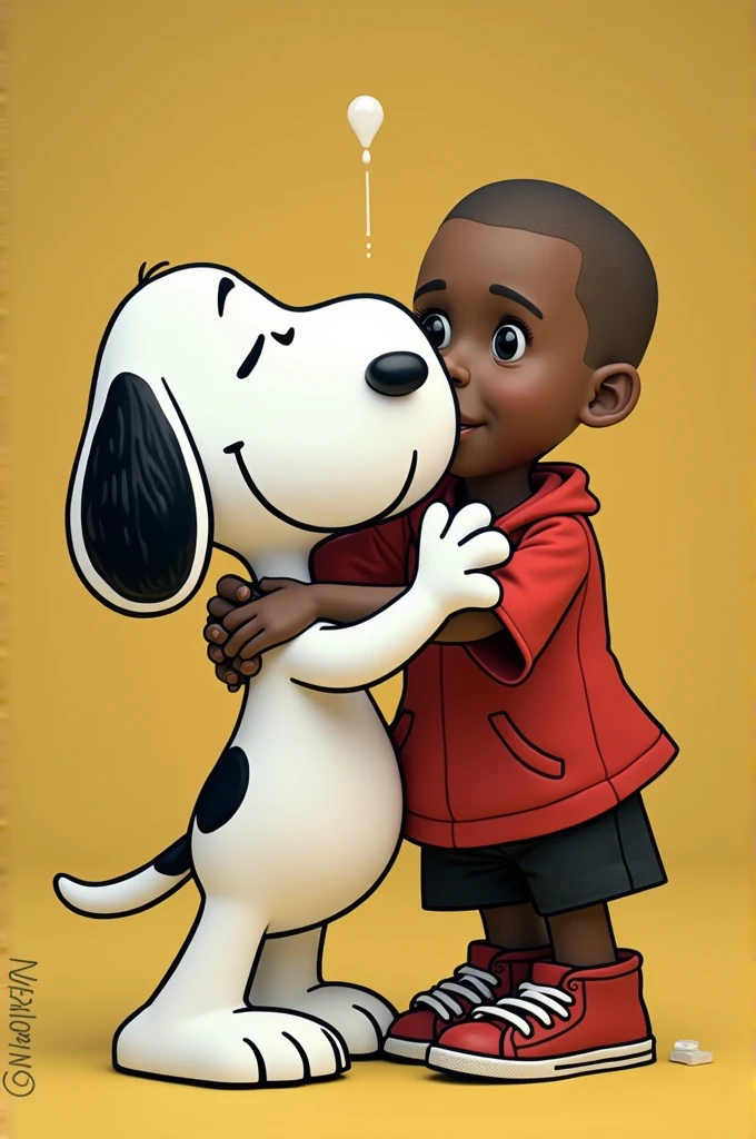Can you generate a picture of Snoopy and Kanye West hugging? Kanye West needs to look human-like not cartoonish. They are both getting high with nitrogen.