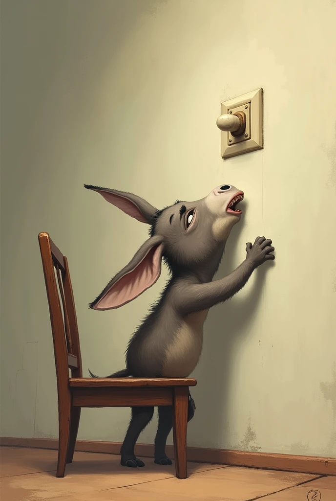 Short height donkey trying to reach switch in wall very high, (trying vey hard) (stressed, angry and sad)(used chair)