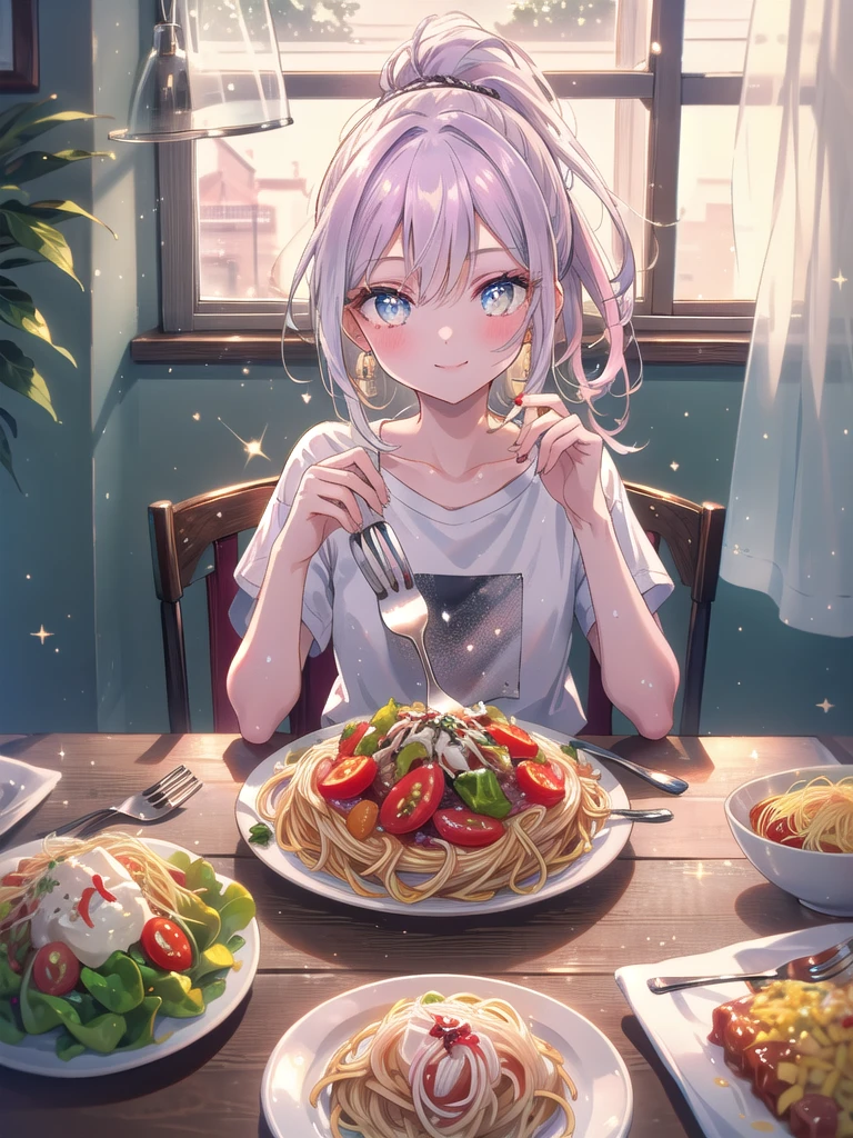 ((8k, Highest quality, masterpiece: 1.3)),Ultra-high resolution,(1 girl, alone), (Color changing eyes, Ultra-detailed, Expressive brilliance, Glitter, Glowing Eyes), Highly detailed eyes, Highly detailed face, Random Hair, ((pastel colour)The woman sits at a small wooden dining table in a cozy kitchen, illuminated by soft afternoon light streaming through a window with white curtains. She’s dressed in a simple white T-shirt and denim shorts, her hair casually tied up in a ponytail. A single plate of spaghetti with a small side salad sits before her. She looks at the camera with a warm smile, her eyes reflecting contentment. Her hand gently rests on the table, fingertips touching the edge of the plate, as she’s about to twirl the spaghetti with a fork.