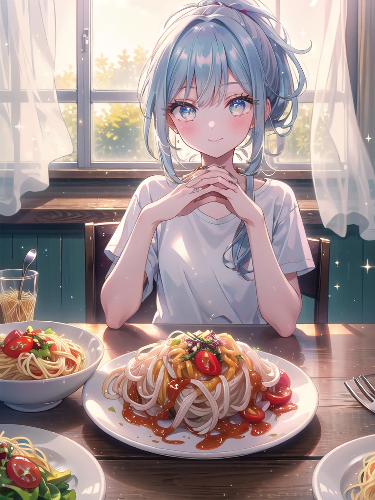 ((8k, Highest quality, masterpiece: 1.3)),Ultra-high resolution,(1 girl, alone), (Color changing eyes, Ultra-detailed, Expressive brilliance, Glitter, Glowing Eyes), Highly detailed eyes, Highly detailed face, Random Hair, ((pastel colour)The woman sits at a small wooden dining table in a cozy kitchen, illuminated by soft afternoon light streaming through a window with white curtains. She’s dressed in a simple white T-shirt and denim shorts, her hair casually tied up in a ponytail. A single plate of spaghetti with a small side salad sits before her. She looks at the camera with a warm smile, her eyes reflecting contentment. Her hand gently rests on the table, fingertips touching the edge of the plate, as she’s about to twirl the spaghetti with a fork.