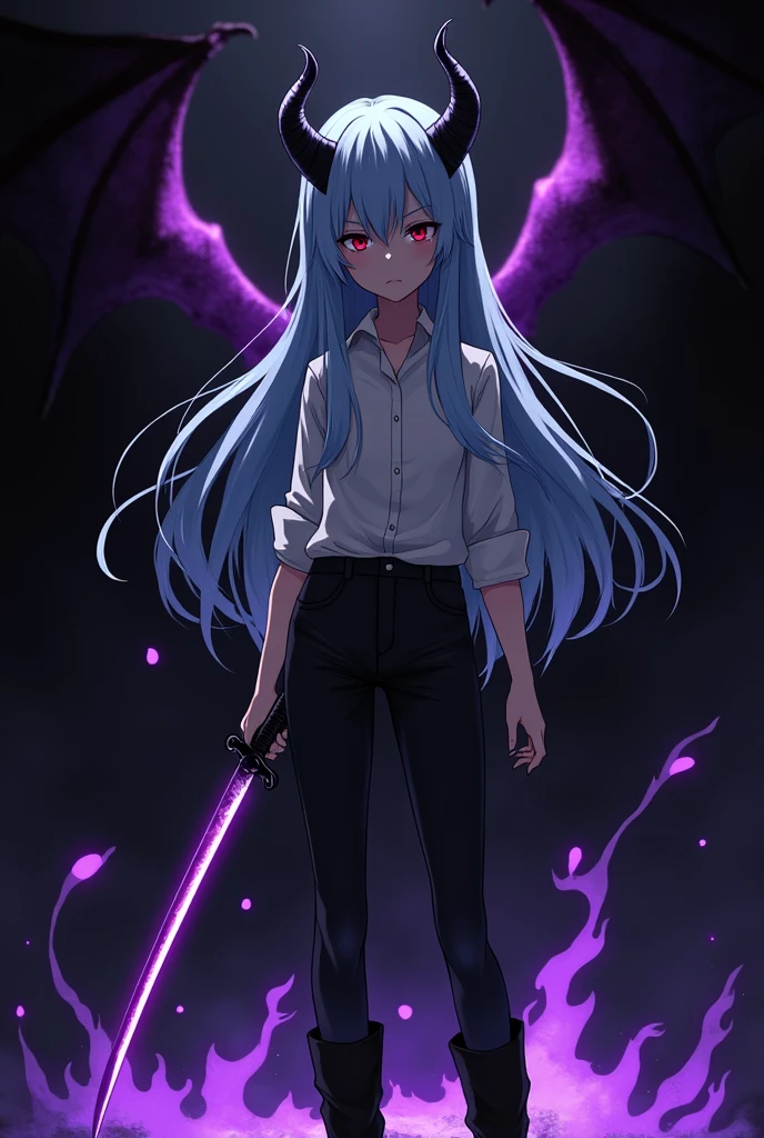 More mature anime style image. An image with a black background and some purple details. a age girl, with long light blue hair , His pupil was red and his eyes were completely black, emitting a kind of frightening glow., wore a white dress shirt rolled up to her elbows, a black pants and a black boot. Small black horns came out of her hair, his gray skin in a serious expression, his face no longer looked human, I now remembered exactly what it was: A demon. He used a katana that emanated a dark purple glow around the blade and over himself., all over your body. There was a strange glow behind him that gave the shape of purple wings and armor around his body..