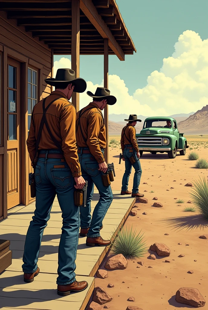 Hyperrealistic color comic 1950s three outlaw cowboys on the porch of a saloon shooting with pistols at the sheriff in the desert in the background a parked Ford truck