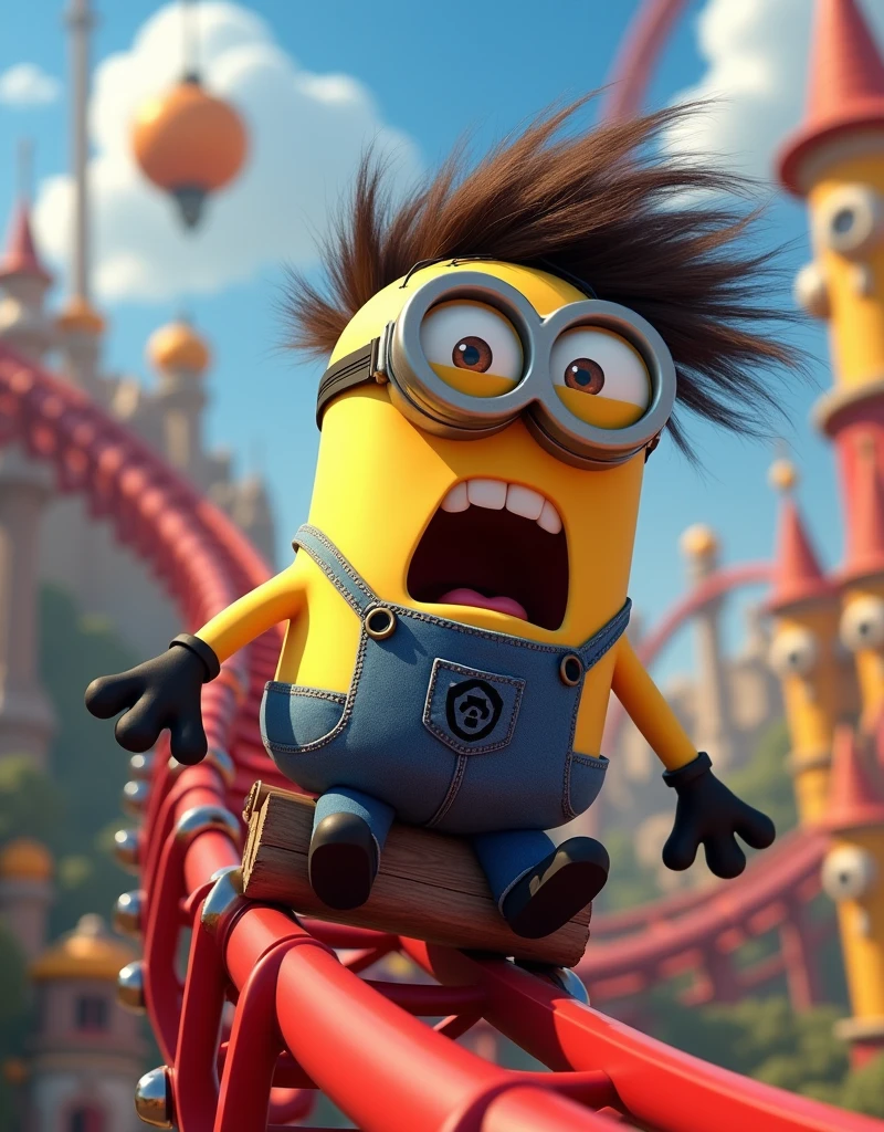 Minion Kevin is riding a roller coaster, hair flying, face of both panic and excitement.
