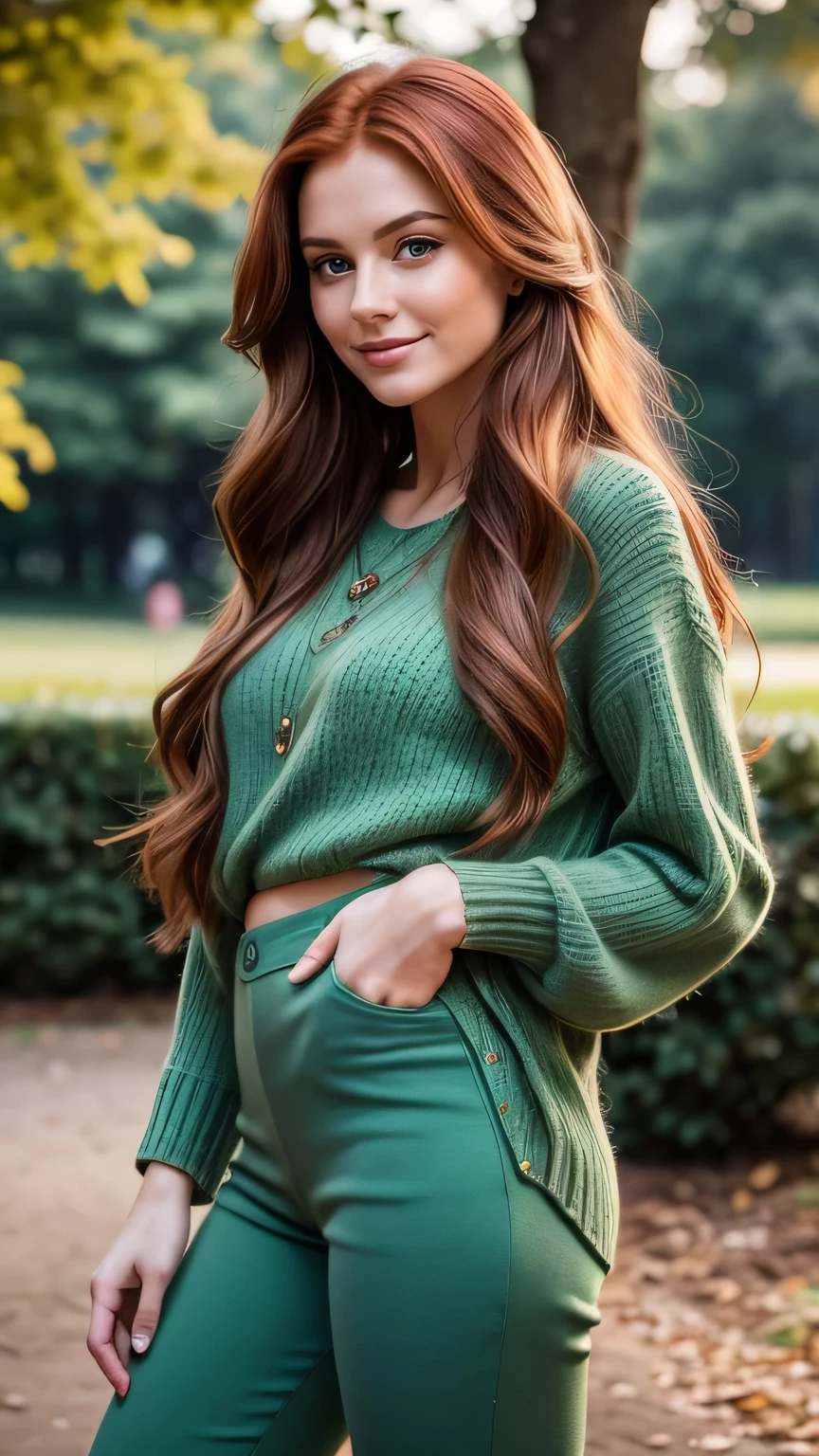 Realistic full body photo of a smiling, Young red-haired girl with long hair, She dances in front of the camera in a short green knitted dress and tight pants, Park,glamour fotoshooting, Park, perfect anatomy, perfect green eyes. Perfect hands with 5 fingers on each hand, Matching girl, looking at the camera, 1 Frau. (Eye make up:1.1), (highly detailed skin:1.1), spirit, analog style, keen focus, 8K UHD, dslr, good quality, Fujifilm XT3, Grain, Award-winning, masterpiece. Park