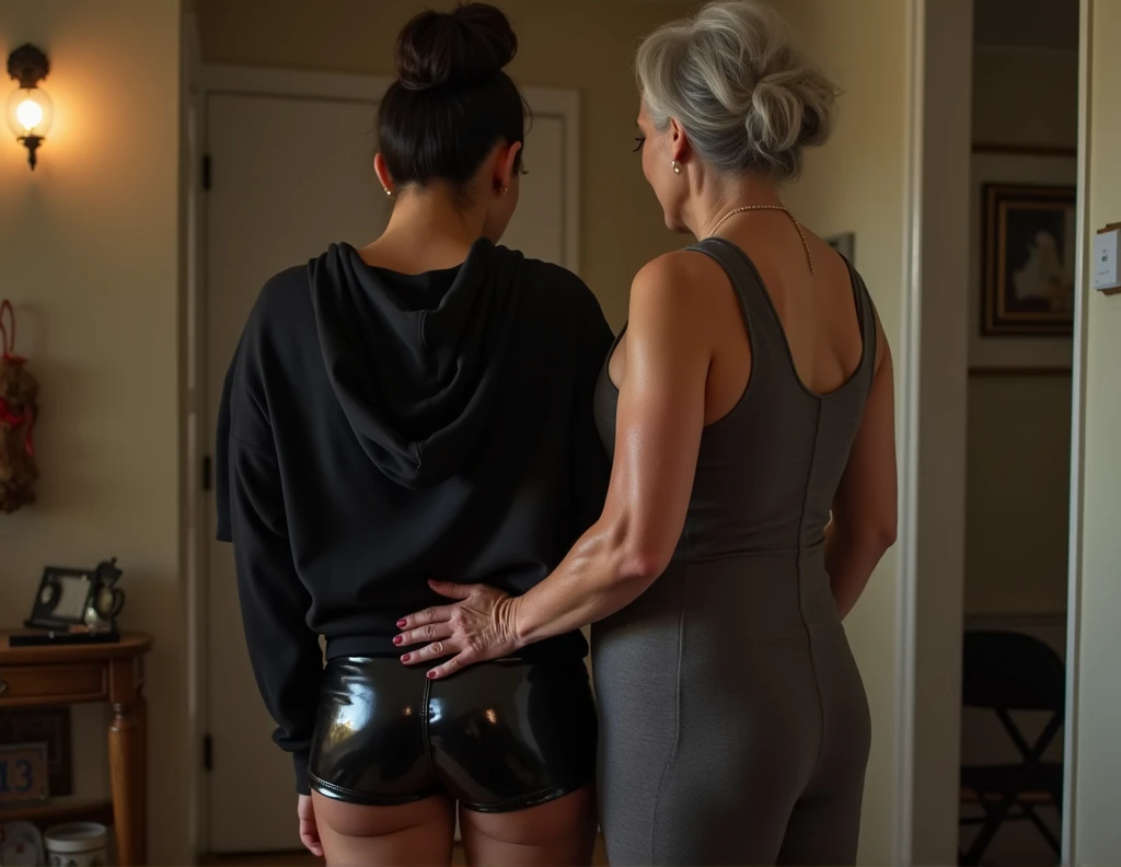 black woman hair in a bun black hoodie black leather short shorts being fucked in the ass by a old grandma in a dress