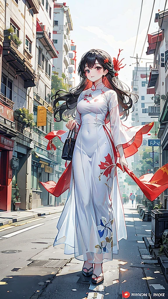 One women walking down a street with vietnamese flags hanging from the buildings, vietnam, vietnamese woman, ao dai, illustration, red flags holiday, flags, vietnamese temple scene, travelers walking the streets, triumphant, vietnam war, proudly walking down the street, red yellow flag, 