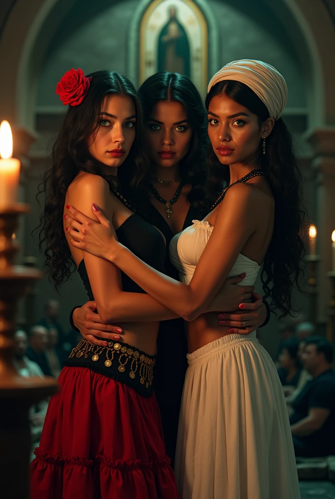 3 mulatto woman ,  serious and sexy face light green eyes , long wavy black hair with a red rose,  wearing a red and black long Spanish style ruffle skirt with a coin belt at the waist and a dagger sexy body with curves super realistic image,  placing his hand on the shoulder of a young woman  , redhead green eyes wearing a white flared skirt, a white blouse draped over the shoulders with black and red necklaces,  wearing a turban on her hair . Image of two women alone in the center. in a dark room with 5 people sitting in a circle in a blurry way  , room lights off and 1 candle lit on an altar with an image of Catholic saints  