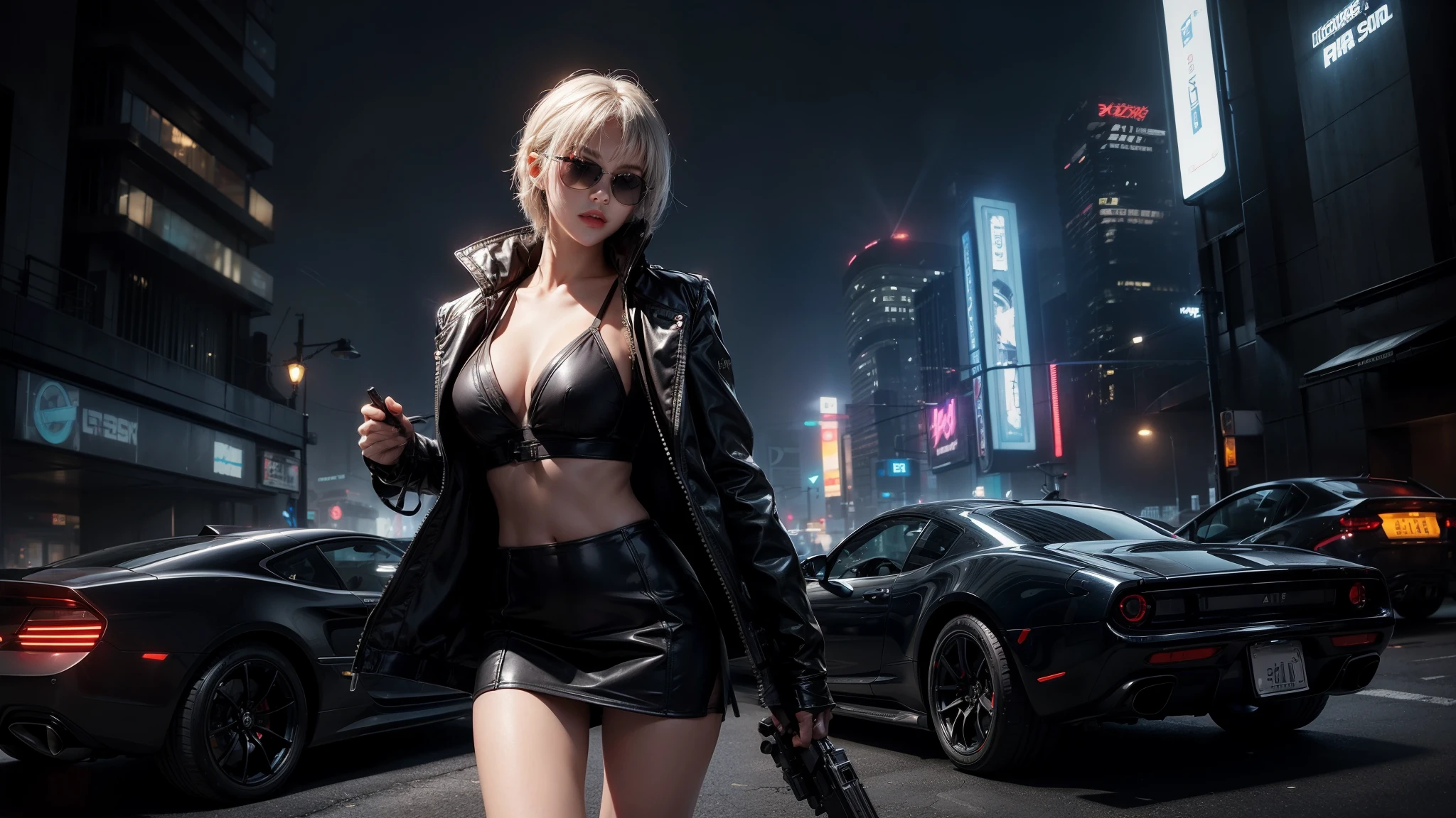 Blade Runner style futuristic city, simple outlined neon buildings, cars, lightning, 3d rendering Beeple. At night, (1girl, solo, alone), photorealistic, medium-breast slim:0.6 body, oval:0.5 face, cleavage:1.1, sexy black laced bra, deep-V, (low angle view of miniskirt), white laced panty, coat, (Matrix style black micro sunglasses), ((holding a short gun)), (slightly leaning forward running pose), (half-body thigh level close-up shot), cinematic lighting, ray tracing.