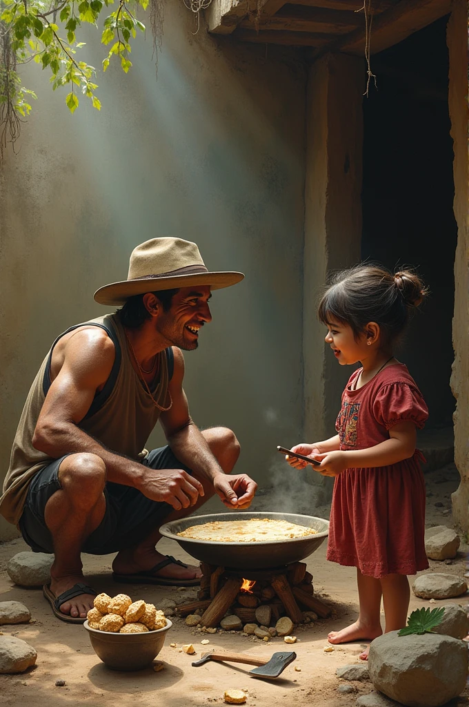 It recreates in a realistic way and with Latin characteristics what is described in the following stanza::
A peasant squatting sharpening his axe smiles at a girl making tortillas on a stove 