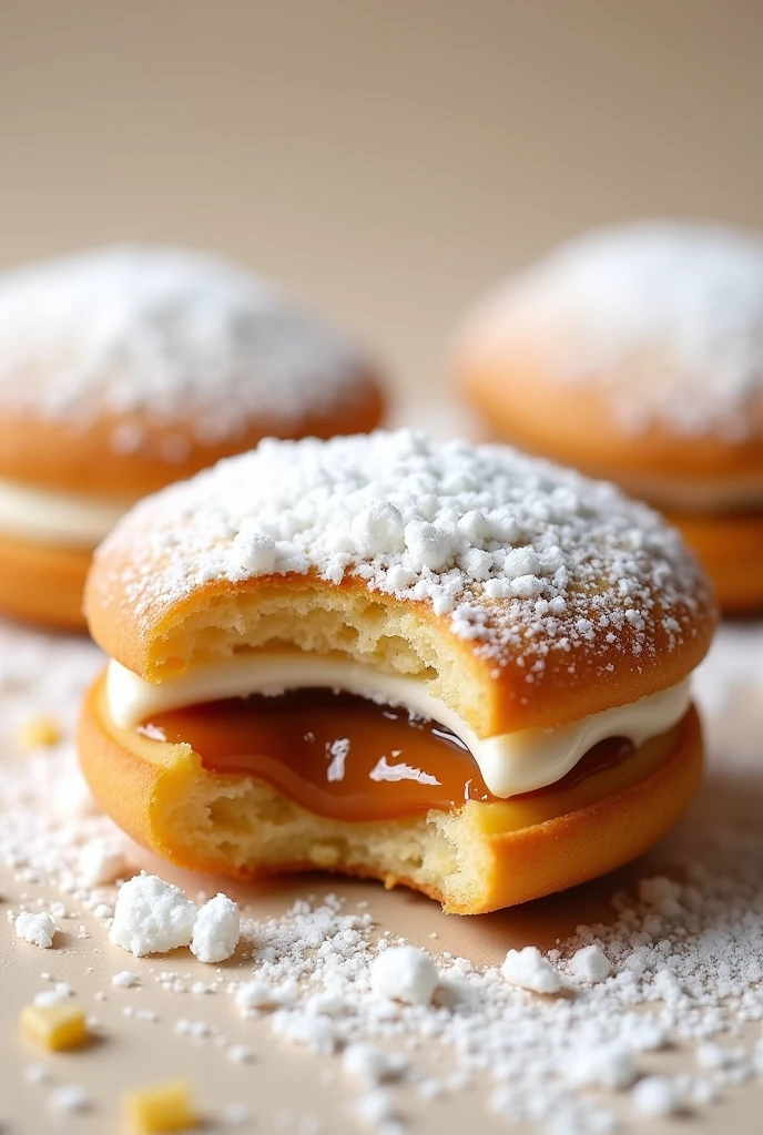 Alfajor filled with dulce de leche and covered with lots of powdered sugar sprinkled on top