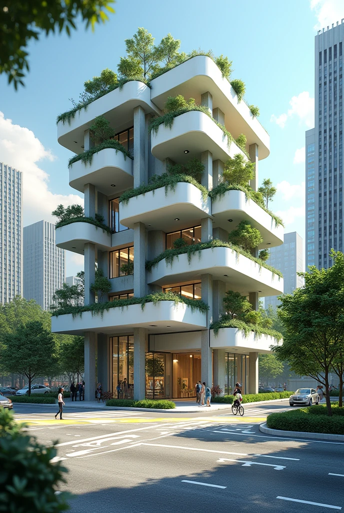 Intersection with irregular roads on a corner of the city hall with contemporary architecture, elevation on stilts, organic gardens and small trees, on the other corner, a bakery with a modern concept and a glass facade,