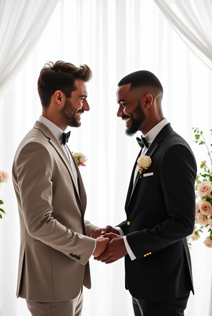 A gay couple getting married, one man is white and the other man is black. white background.