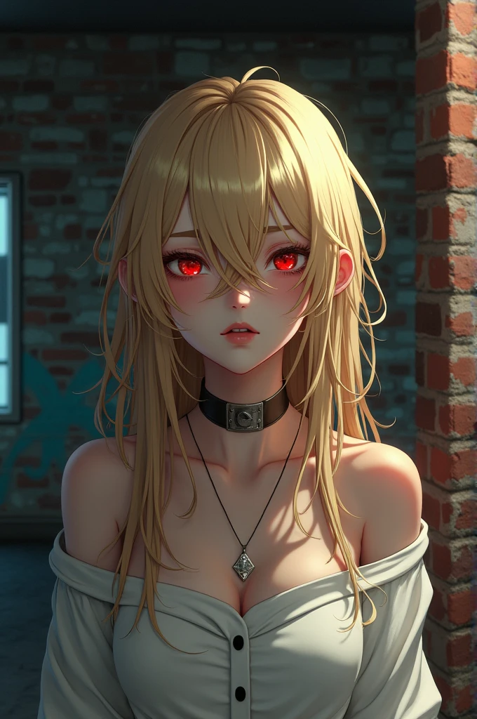 Ultra-realistic 8k CG, masterpiece, ((Ultra detailed background, delicate patterned, Intricate details)), best quality, Intricate detailss, Chromatic Aberration, 1 Girl, Long hair, blond hair, Messy hair, Red highlights, Hair covering one eye, Sharp eyes, Necklace, Brick Wall, Graffiti, Dim Lights, alley, Large-size shirt,Off-shoulder, See-through white shirt, masterpiece, best quality