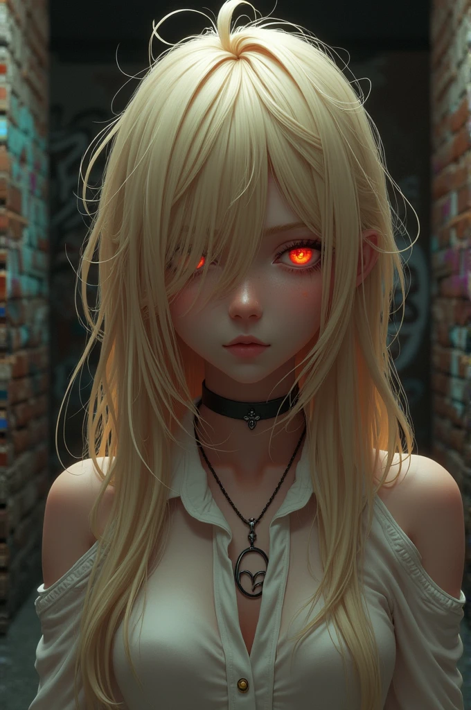 Ultra-realistic 8k CG, masterpiece, ((Ultra detailed background, delicate patterned, Intricate details)), best quality, Intricate detailss, Chromatic Aberration, 1 Girl, Long hair, blond hair, Messy hair, Red highlights, Hair covering one eye, Sharp eyes, Necklace, Brick Wall, Graffiti, Dim Lights, alley, Large-size shirt,Off-shoulder, See-through white shirt, masterpiece, best quality
