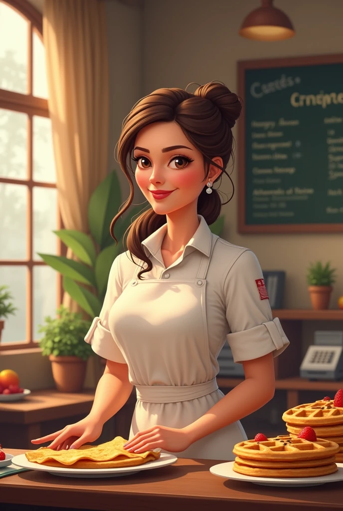 Make a picture of a woman who works in crepes & waffles