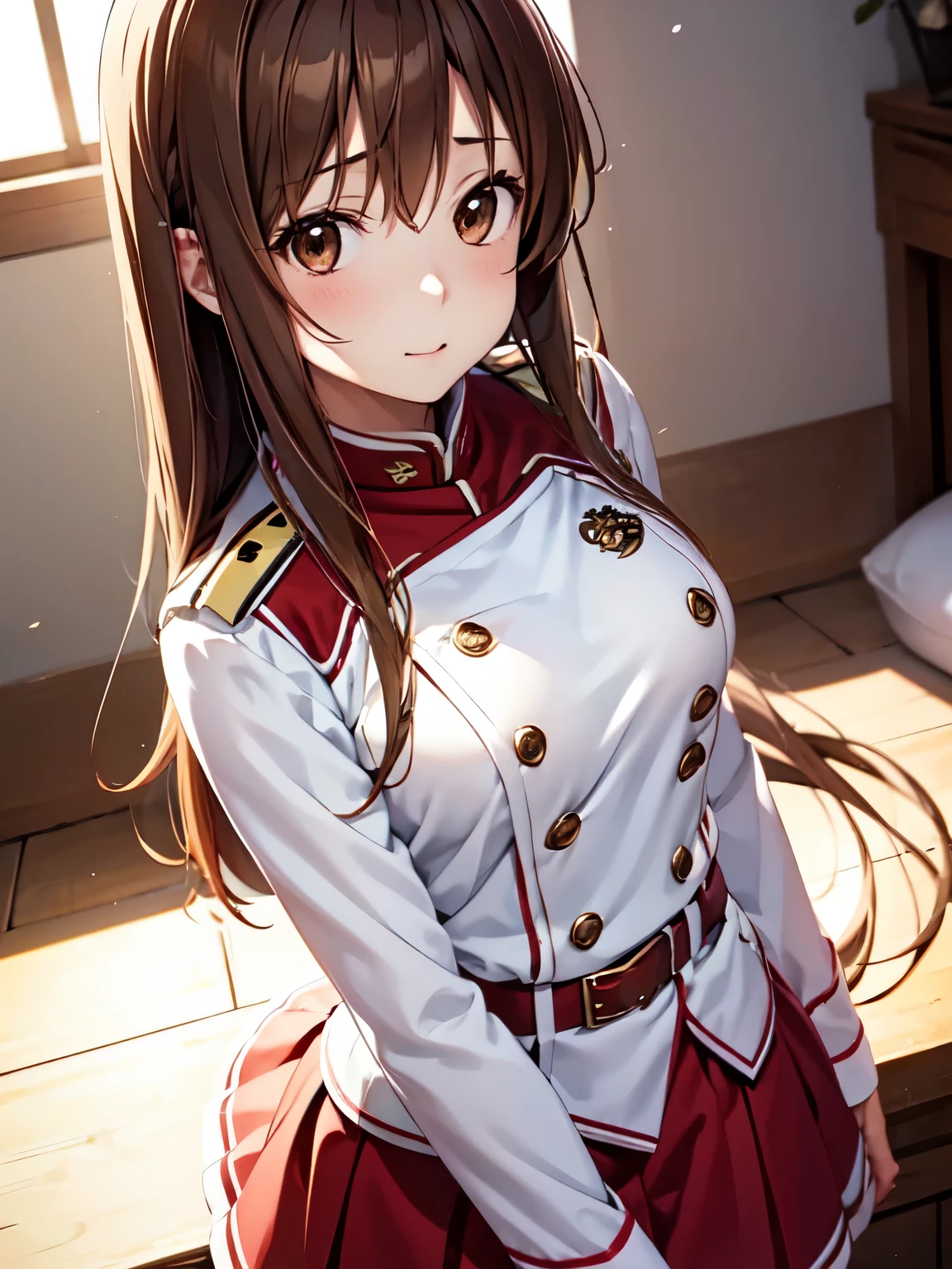 Best Photos, masterpiece、Ultra-precision、[3D Images:1.5]、High quality anime girl with brown hair and brown eyes,Red and white uniform, 8k images、Best Photos, Realistic, (Soft Light:1.3)、Cowboy Shot、Absolute reference to the center、From above