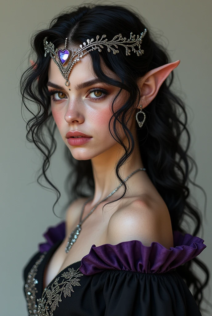 Black curly haired elf woman, with honey-colored eyes and long eyelashes, light colored skin, in a profile view with a defiant look, She wears a silver tiara and a black and purple dress with silver details and a silver chain with a heart pendant.