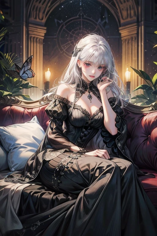 1 female, silver hair, old dress and next to 5 black butterflies, black magic