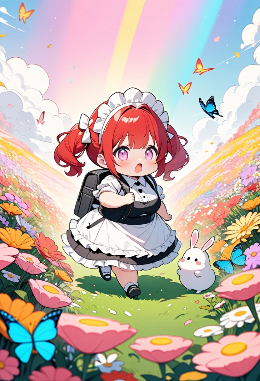 (pastel color illustrations:1.5),super chibi style girl,girl with red hair in twin tails,girl wearing maid headdress and cute maid outfit with frills,girl carrying light pink backpack,plump rabbit with fluffy white fur,rabbit walking alongside girl,rabbit looking at girl anxiously,(the rabbit is walking with the girl:1.3),(the rabbit looks at the girl anxiously:1.2),cute flower field background with butterflies,vivid colors,masterpiece,best quality,4k,8k,ultra detailed,professionally drawn illustrations