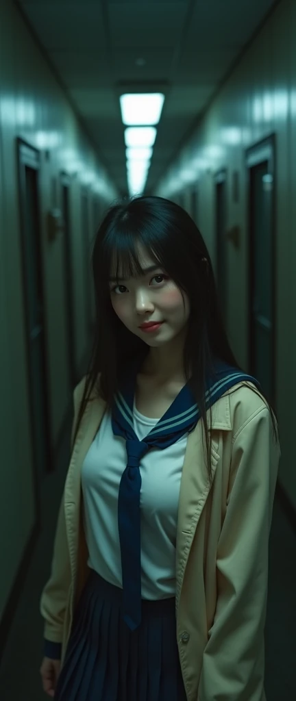 (32K:1.9, Highest quality, masterpiece, Ultra-high resolution), Perfect dynamic composition, Highly detailed skin and facial textures:1.3, Detailed eyes, Detailed limbs, Cute sexy slim Japanese schoolgirl, Fair skin, ((Clarity:1.1)), (High school girl blazer uniform with blue tie:1.3), (Huge breasts about to burst:1.0, Don't show areola), (Cunning Smile:0.9, Totally captivates you:0.9), (Beautiful Blue Eyes, Transparent and beautiful eyes:0.8), Sexy Face:0.4, blush:1.1, (A taste that exudes beautiful eroticism:0.8), Professional random camera work, Cinematic Light Effects, ((Full Body Shot)), ((Too erotic:0.9)) , romantic, mysterious, Object of admiration, original, dramatic, artistic, Innovative, charm, Heartful, Fancy, Tilt, sense of loss, special, exciting, Extreme, sense of openness, joy, joyの表現, ((若さのcharm, 女性的なcharm))