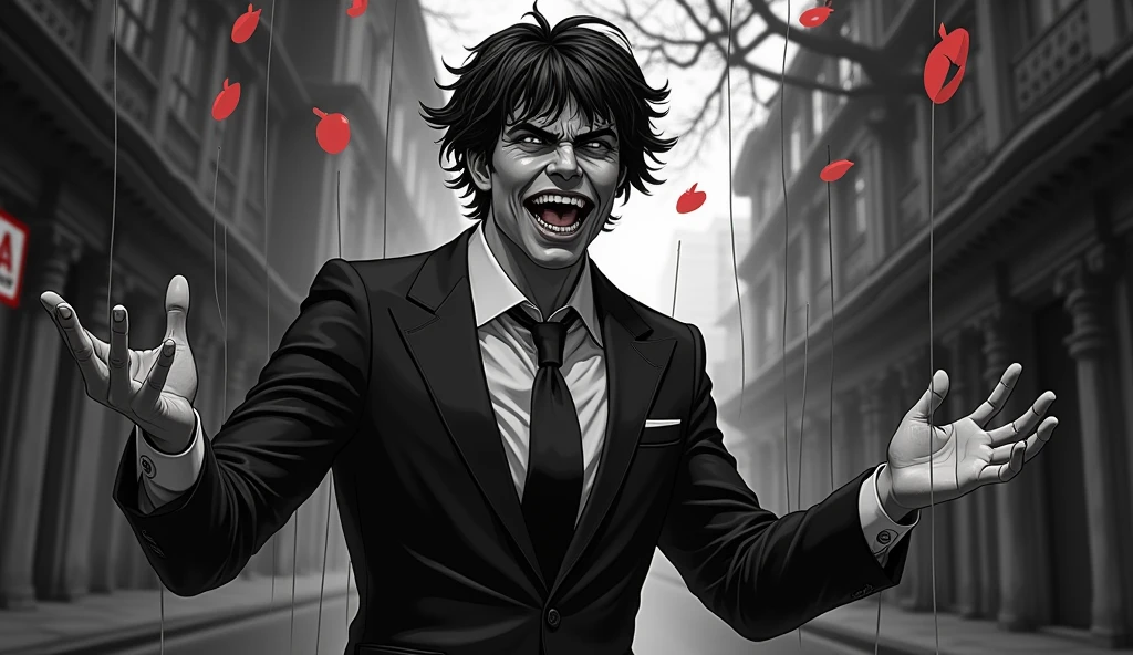 Create a dramatic distorted image in black and white anime format with a colored highlight spot, a person being controlled like a puppet showing off his wealth, money, automobile, beautiful woman on social media. Ao fundo, blurred social media likes and logos.