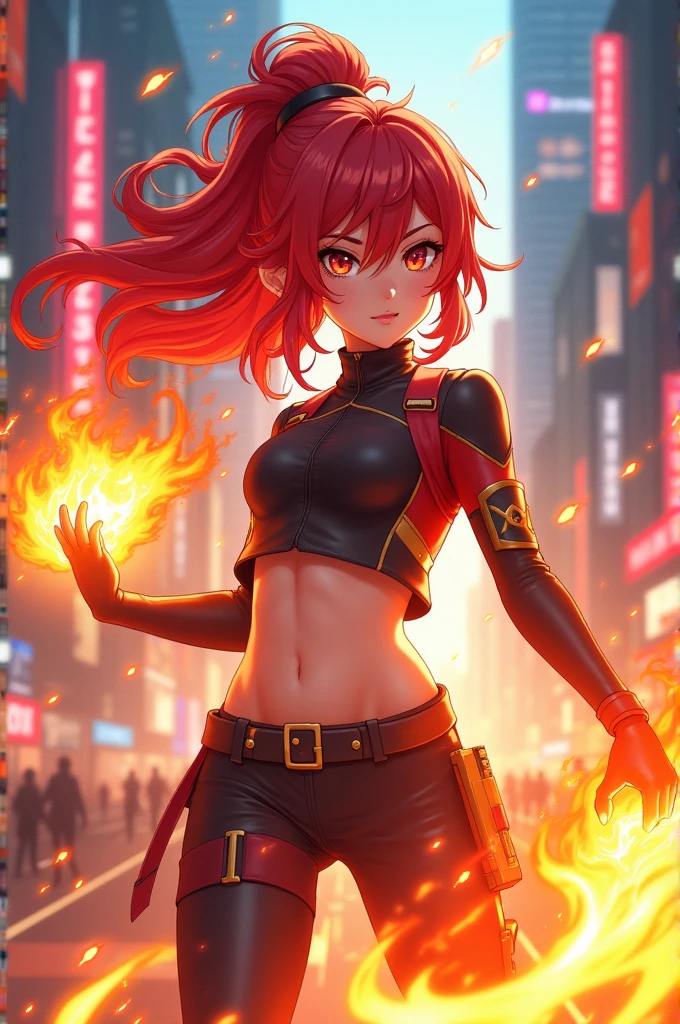 An anime type girl from mha with red hair,with fire powers