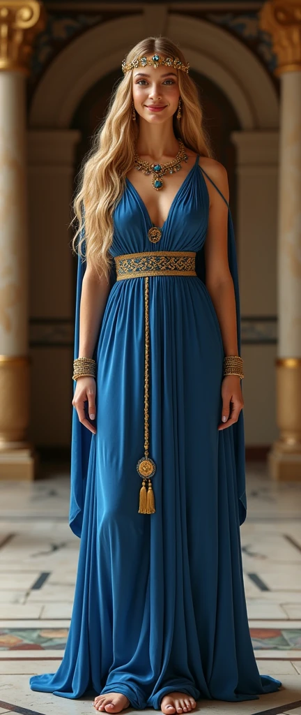 Front view ,Full body, standing floor , in palace,  looking at viewer, BC ? century, in palace, Arab Girl, Her name is  Helen of Troy,  golden hair, Her long hair, black  eyeshadow around her eyes－, blue eyes, Beautiful red lips,  smile), （Gold crescent earrings, lapis lazuli of Tiara , lapis lazuli of Necklace, Gold bracelet）, (Big Breasts, Wide Hips) ,(An ancient Greek emperor wearing traditional imperial wear, Sky blue crock), gorgeous sandal,  noon, Textured skin , little black skin, HI Detail Skin, (Shorthand, Canon, Ultra-high resolution, Anatomically correct, Super Detail, Attention to detail, Your Highness,
Complete Anatomy, Slender body, Small breasts