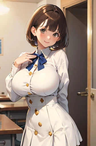 elite school uniform, blue white gold uniform,(button gap:1.5), white skirt, white top, blue ribbon, golden buttons, golden shoulder pats, young adult, 19 years, brown hair, blunt bang haircut cut, brown eyes, beautiful brown eyes, big breast, striking body curves, horny smile, pink lips,  girl, cute pose, masterpiece, classroom background, school