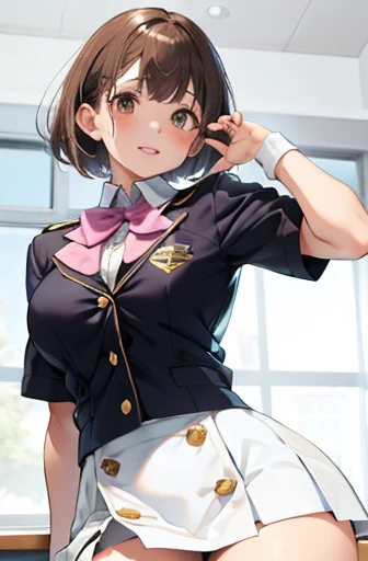 elite school uniform, blue white gold uniform,(button gap:1.5), white skirt, white top, blue ribbon, golden buttons, golden shoulder pats, young adult, 19 years, brown hair, blunt bang haircut cut, brown eyes, beautiful brown eyes, big breast, striking body curves, horny smile, pink lips,  girl, cute pose, masterpiece, classroom background, school