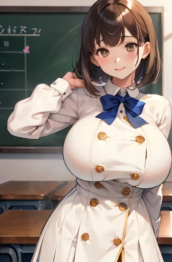 elite school uniform, blue white gold uniform,(button gap:1.5), white skirt, white top, blue ribbon, golden buttons, golden shoulder pats, young adult, 19 years, brown hair, blunt bang haircut cut, brown eyes, beautiful brown eyes, big breast, striking body curves, horny smile, pink lips, tiny girl, cute pose, masterpiece, classroom background, school