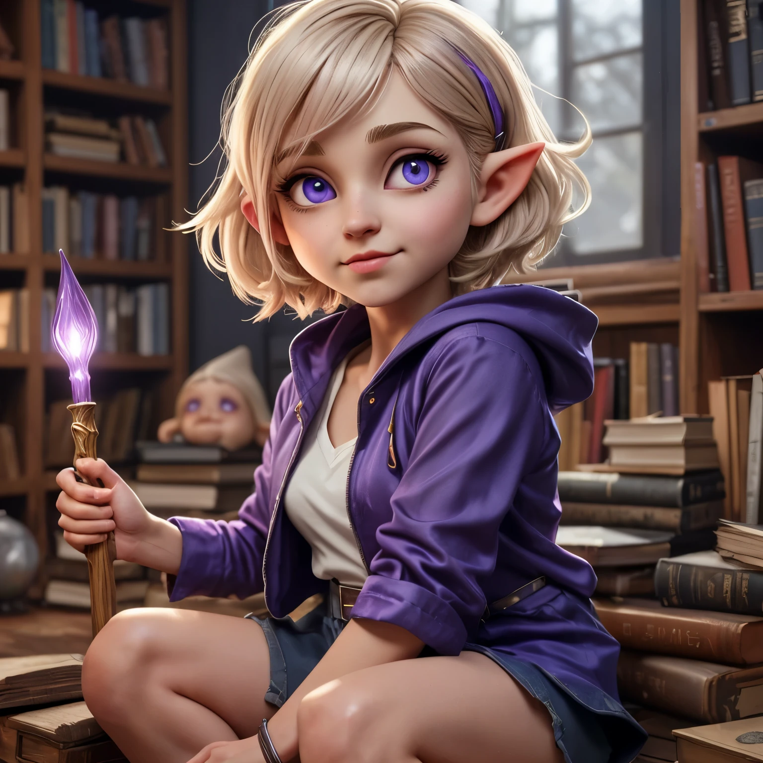 She has brightly glowing purple eyes with round pupils. Magical eyes. She has pointed elf ears. A hyper-realistic portrait of an adult gnome girl. she has vibrant purple eyes that shine in the darkness. She has short blond hair in a layered bobbed haircut. She is physically fit and has muscle tone. She is wearing an open full-length purple robe, a light pink shirt, and dark blue shorts.