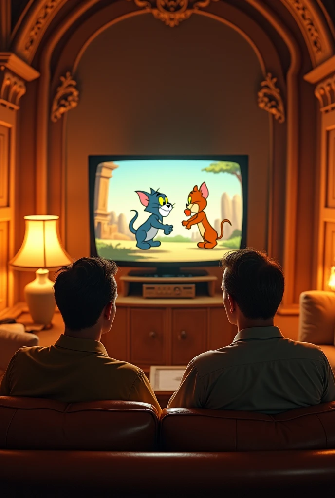 (realistic 8K ultra) An Amber Chamber , and two american men watching tom and jerry