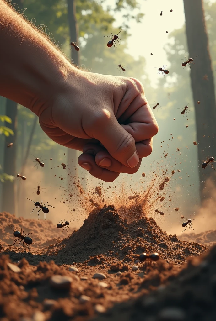 A powerful fist smashed vertically on the ruins of ant nests full of ants, some ants were blown away, some ants were fighting, the background is the sputtering of forest soil, dust flying, war game style, picture composition golden ratio, reflecting the antagonism of hands and ants, fierce fighting, vertical composition, realistic style, 3D quality, dust and debris raised in the chaos, ((epic, movie)), the fun of 3A game illustrations.