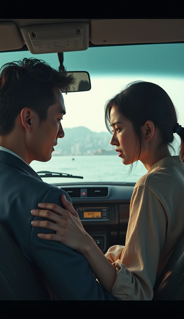 Inside a Korean taxi, a female traveler is asking the driver with a desperate expression. The driver is turning around to respond. Outside the window, the scenery of Haeundae is visible