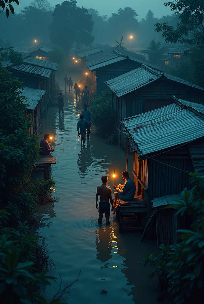 People are sleeping on the tin roof for the reason of flood in Bangladesh in night. Drone shots
