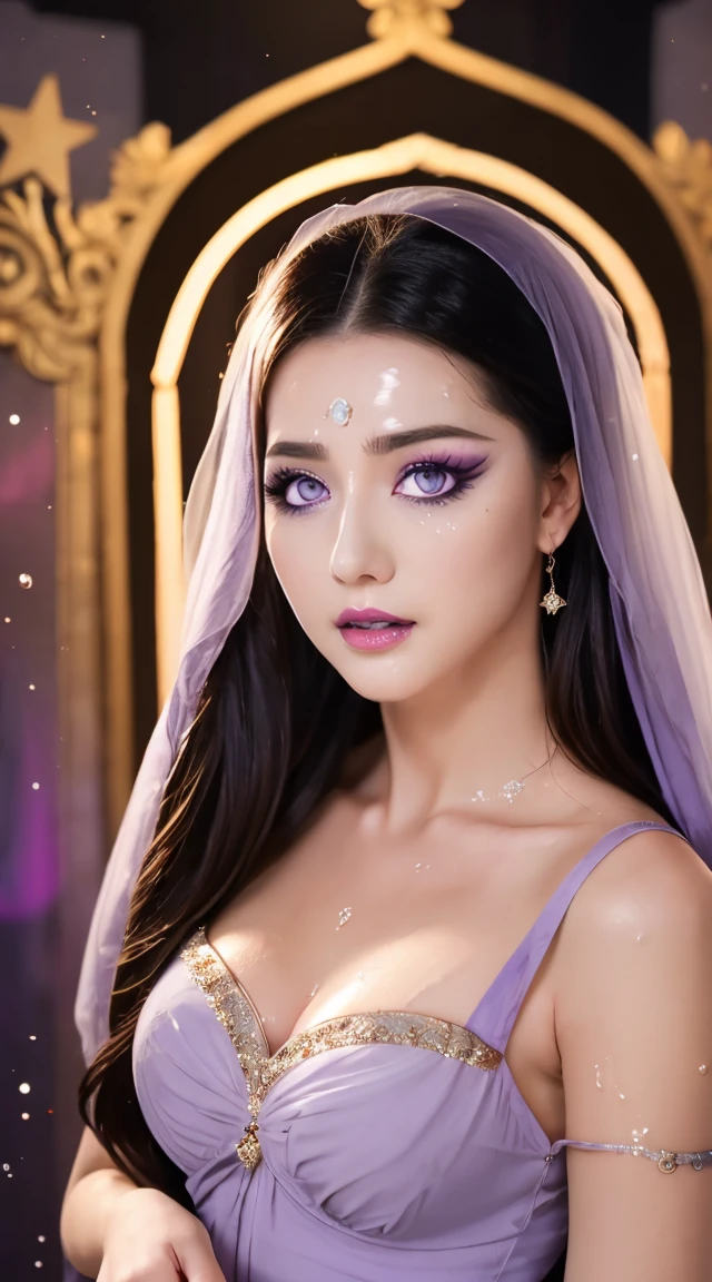 1 20 year old girl, 1 goddess Athena, pink purple silk dress, beautiful goddess Athena face without blemishes, delicate yellow nightgown, long thin sequin nightgown with many sexy black lace details, 1 beautiful thin red silk cloth half veil, female saint legend, female saint icon, beautiful goddess style glitter, dark and mysterious version, vermilion lips, plump red lips, not smiling, mouth closed, ((angry face:0.8)), delicate and beautiful pino detailing, delicate and beautiful lip detail, (pure and flawless face: 1.9), female saint body, round chest, big and round breasts, phoenix brooch, long flat bangs, long black hair, beautiful clear face and well-proportioned eyes, (transparent iridescent light purple eyes: 1.8), (big round eyes and makeup, sexy wet eye makeup, very beautiful and meticulous hair makeup, long and delicate blonde hair, delicate, body image: 1.8), figure: and vivid, (stars that make up the sky: 1.7), (the sky of heaven and the fictitious gate of time and space: 1.8), fictional art, RAW photos, hanfu photos, best photos, high resolution, best quality, best photos, best goddess quality, 8k female, super 8 single saint portraits, truest color schemes, masterpieces, best beauty brands, best hair jewelry, brand real photo, dark studio, border light, two-tone lighting, (rose white skin: 1.4), (high skin detail: 1.1), 8k uhd, d slr, soft light, 8k, high quality, candid, volume Smooth and sharp, 10x pixel increase, sexy goddess, sexy goddess, (background space: 1.8), (most beautiful aurora eyes: 1.7), beautiful eyes, aurora beautiful and flowery, (beautiful single girl: 1.8), (more details:0.8)